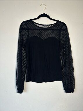 Ambiance Black Mesh Polka Dot Long Sleeve Top Sweetheart Neckline Women's Size L